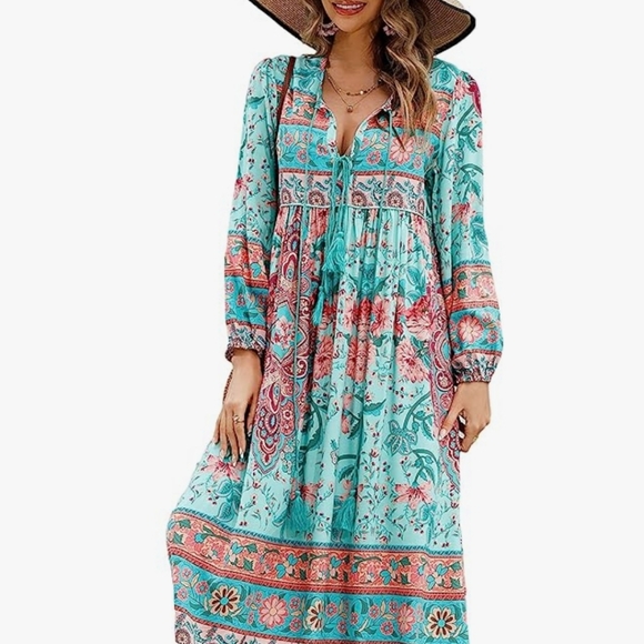 Floral Bohemian Midi Dress - Teal and Red - Picture 8 of 15